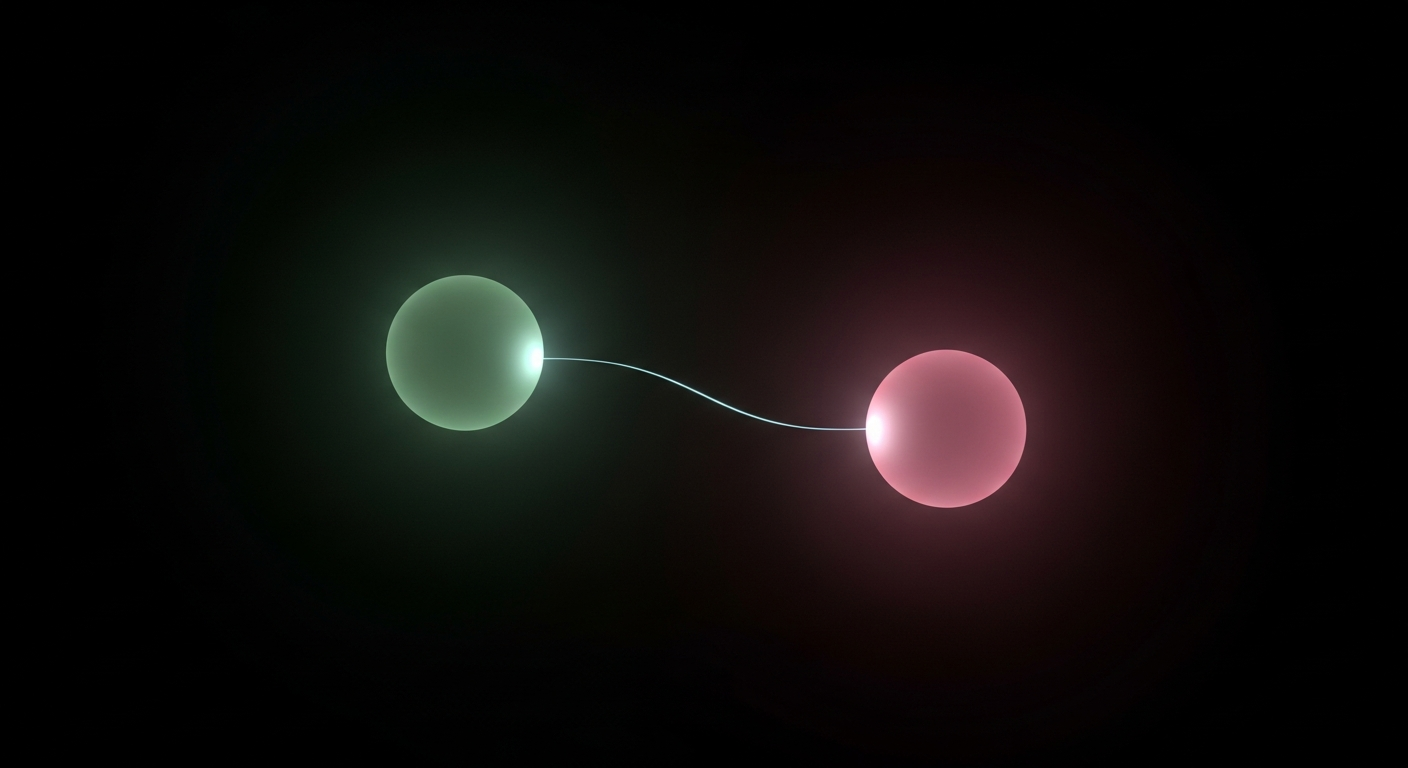 Two soft forest-green orbs in a dark void connected by a thin cyan filament
